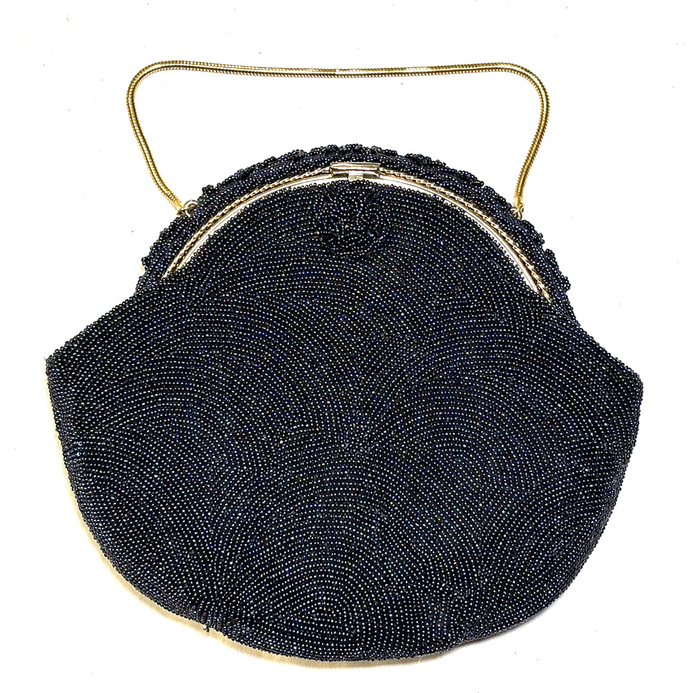 Vintage K&G Charlet Dark Blue Beaded Purse Handbag Top Handle 7x6.5
